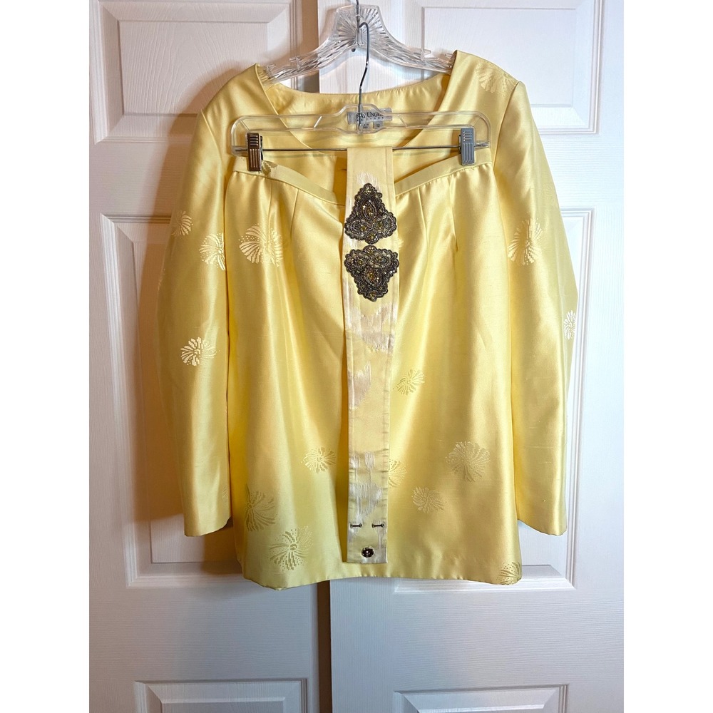 Kay Unger New York VTG Yellow Jacquard Skirt Suit Set Beaded Applique Size 12